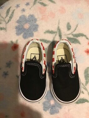 Vans Kids Black Slip-On Sneakers with Red Check Trim